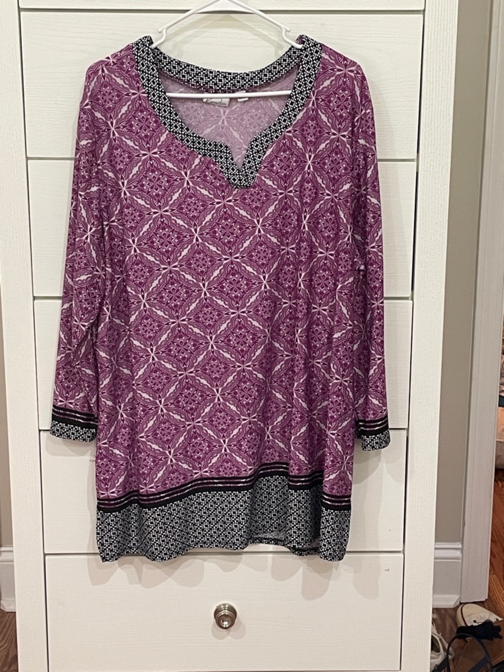 Kim Rogers Plum Patterned Tunic with Black & White Trim
